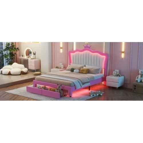 Gestoffeerd Tweepersoonsbed met LED - verlichting, Modern Prinsessenbed met Kroonhoofdsteun en 2 Lades, Roze + Wit - Noventis Home