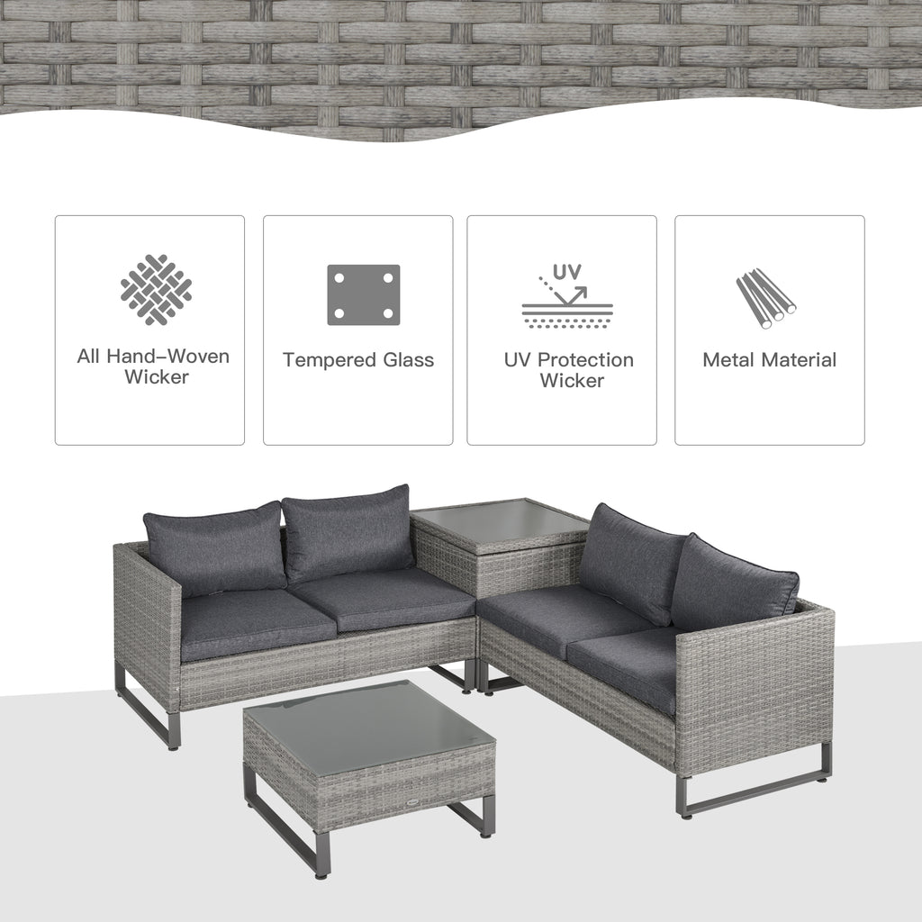 4 Pieces Rattan Garden Furniture Set, 4 Seater Garden Sofa Set With Storage Box, Loveseats And Glass Top Table, Wicker Outdoor Conservatory Furniture With Cushions For Outdoor, Patio, Grey - Noventis Home