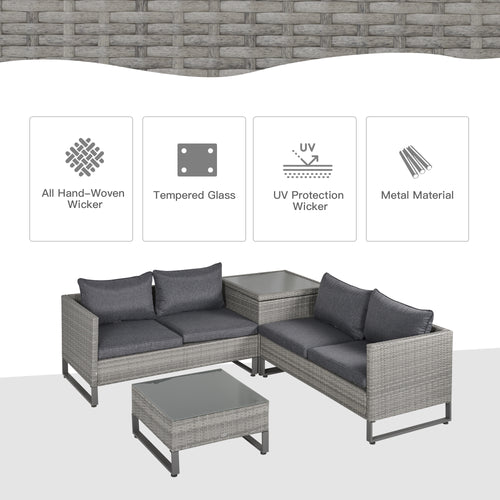 4 Pieces Rattan Garden Furniture Set, 4 Seater Garden Sofa Set With Storage Box, Loveseats And Glass Top Table, Wicker Outdoor Conservatory Furniture With Cushions For Outdoor, Patio, Grey - Noventis Home
