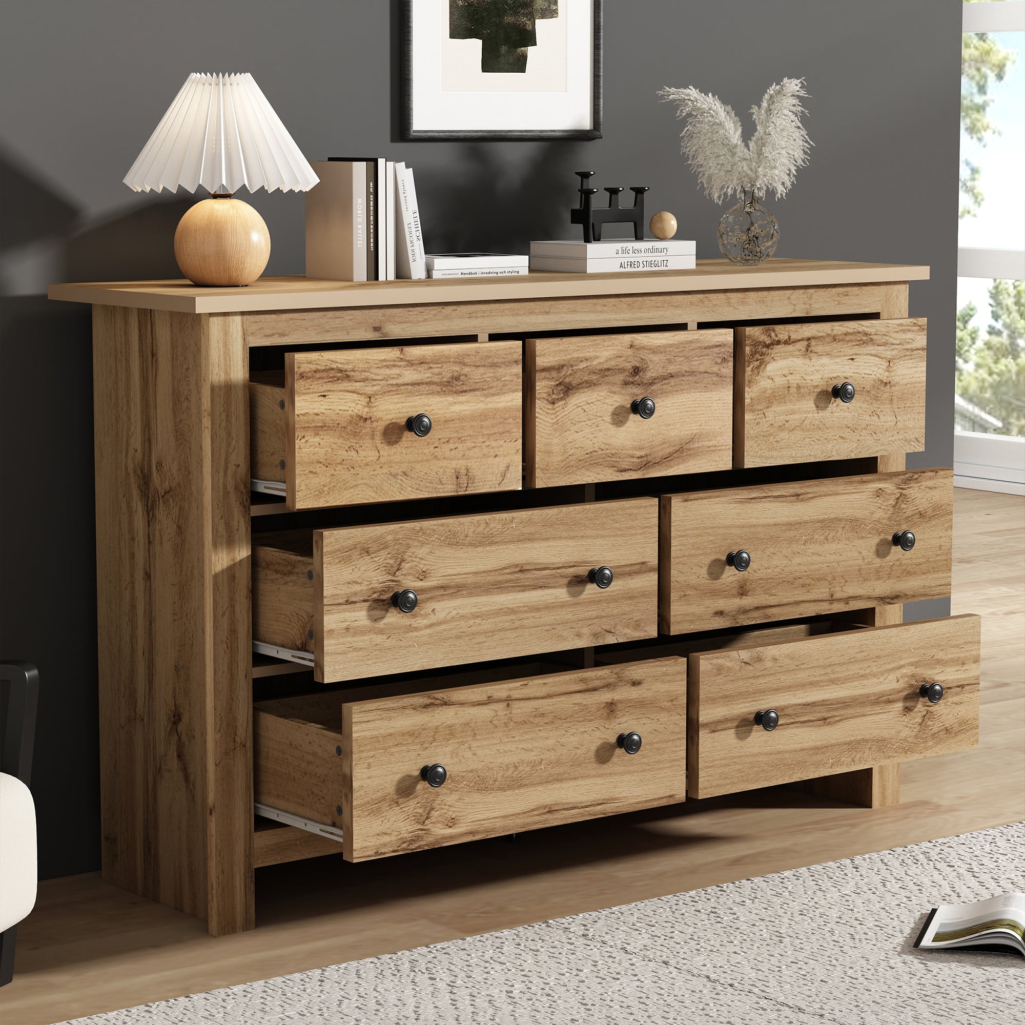 Moderne Vintage Opbergkast, Dressoir met 7 Lades, Sofa Bijzetkast, voor Woonkamer, Slaapkamer, Keuken en Gang, 152x40x88,5cm, Houtkleur - Noventis Home