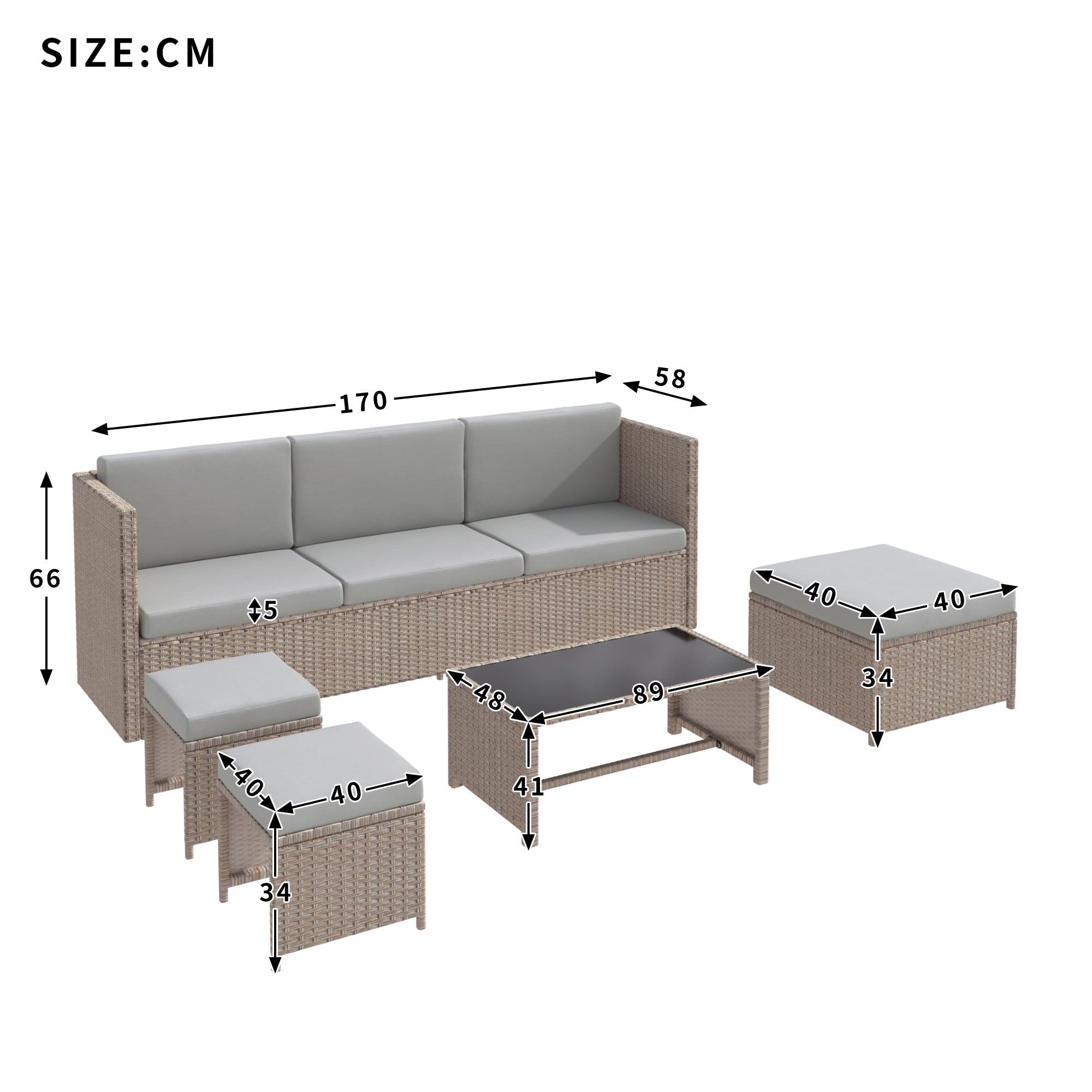 4 - 6 Seater Garden Lounge Set, Garden Furniture Set, Ratten Sofa, Seating Group, Patio Furniture,Khaki - Noventis Home