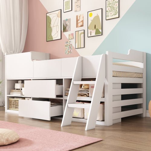 Kinderbed Halfhoogslaper met Opbergruimte, Houten Bed met Lades en Planken, Eenpersoons 90x190 cm, Wit - Alleen Frame - Noventis Home