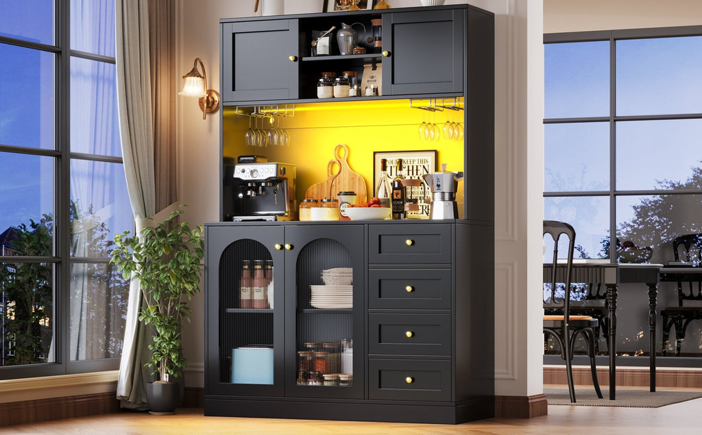 Sideboard Storage Cabinet Kitchen Cabinet Buffet Cabinet, 120x40x188cm, Farmhouse Style, 4 Doors, With LED Light Strip & Drink Holders, Black White Fluted Glass Doors - Noventis Home