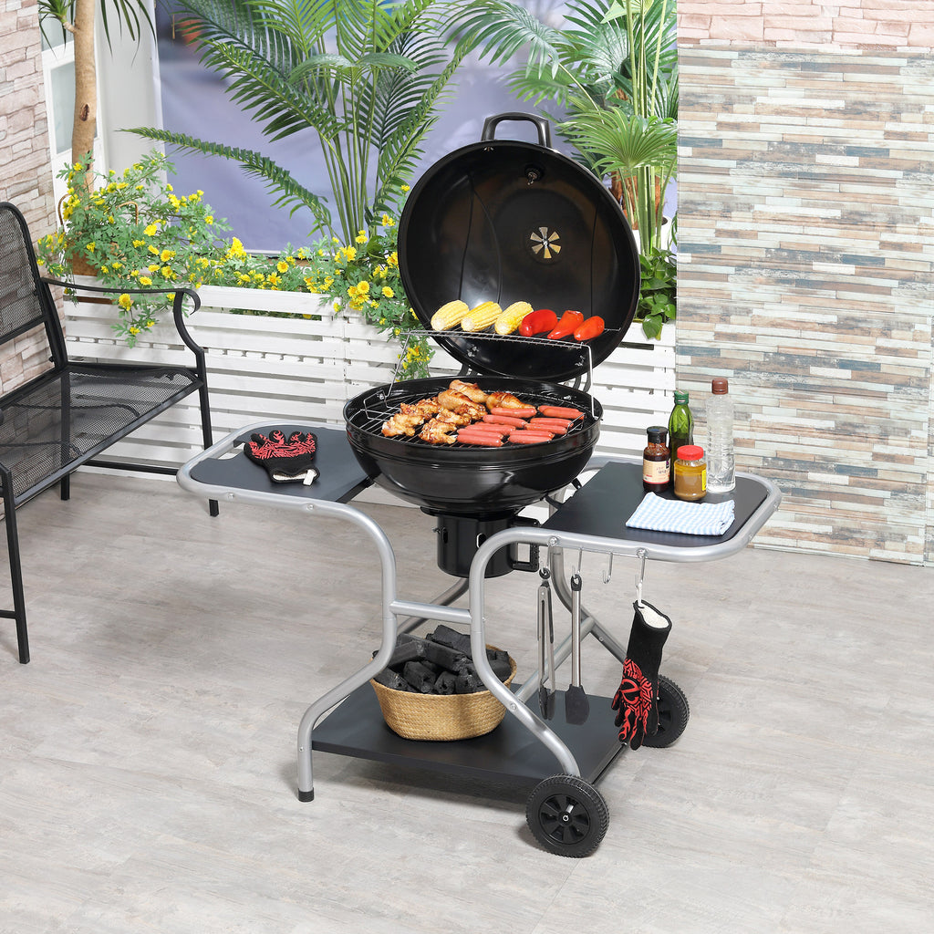 Portable Charcoal Kettle Grill Outdoor Barbecue Trolley BBQ Heat Smoker Grilling With 2 Wheels, Storage Shelf And 4 Hooks, Free Standing, Black - Noventis Home