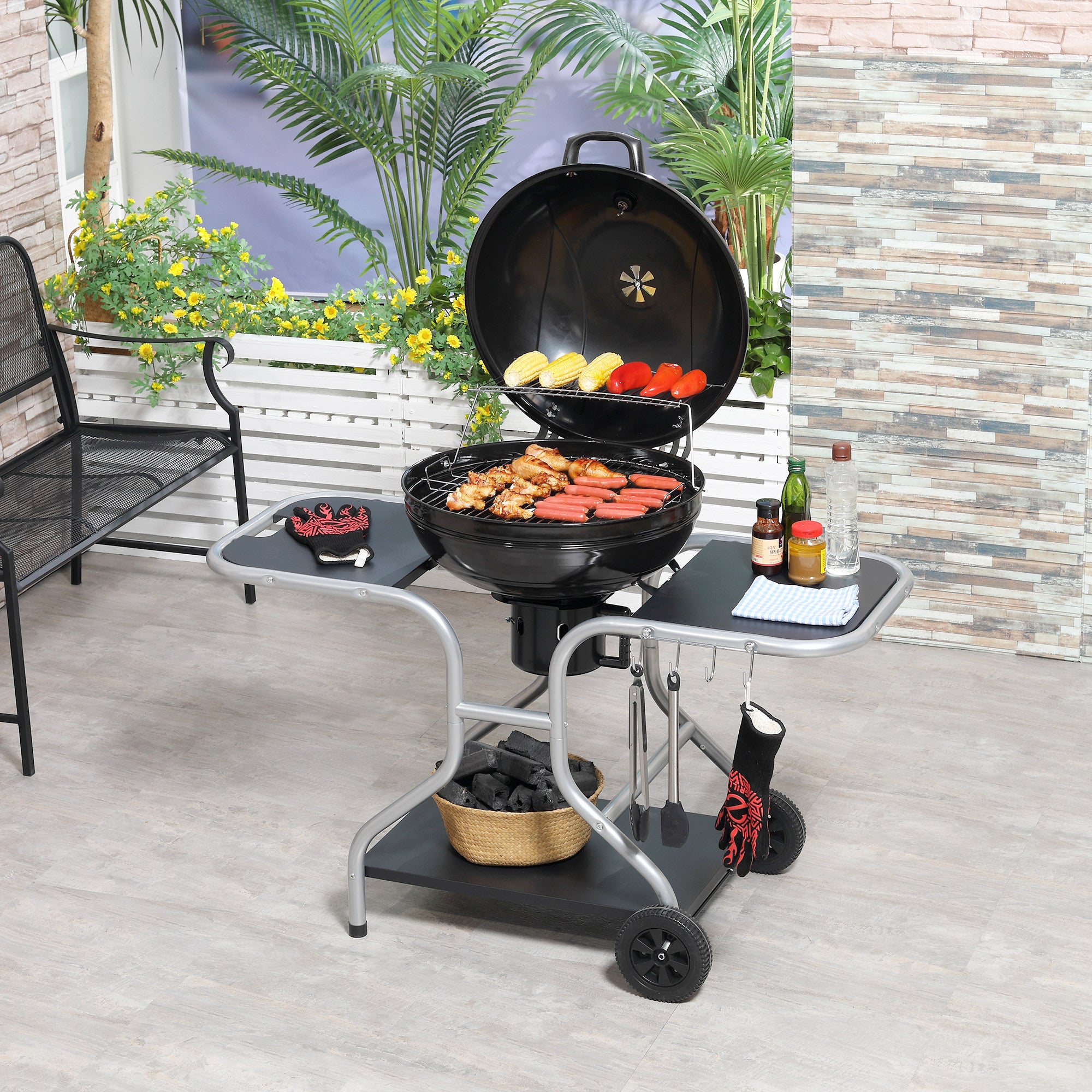 Portable Charcoal Kettle Grill Outdoor Barbecue Trolley BBQ Heat Smoker Grilling With 2 Wheels, Storage Shelf And 4 Hooks, Free Standing, Black - Noventis Home
