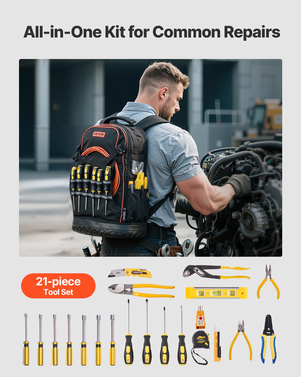 Tool Backpack With Tools, 65 Pockets, Heavy - duty Tools Storage Organizer Bags With Laptop Compartment & Molded Base, Electrician Jobsite Backpack For Electrician, Repairman, And HVAC Techs - Noventis Home