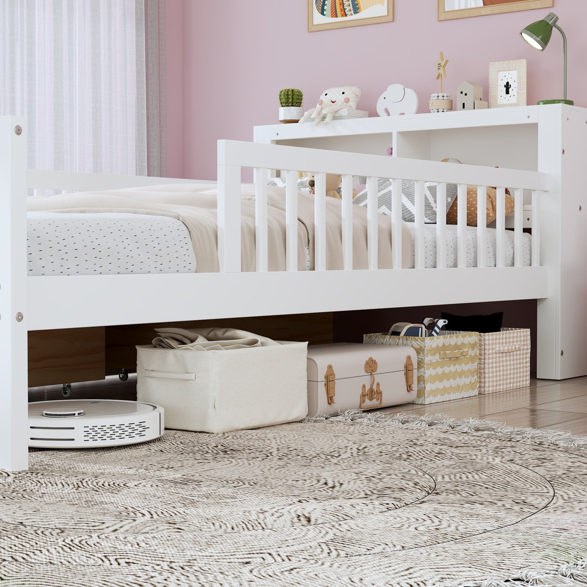 Twin Size Bed With Headboard Storage Rack, Two Under - Bed Drawers, Three - Side Guardrails For Safety And Security,White - Noventis Home
