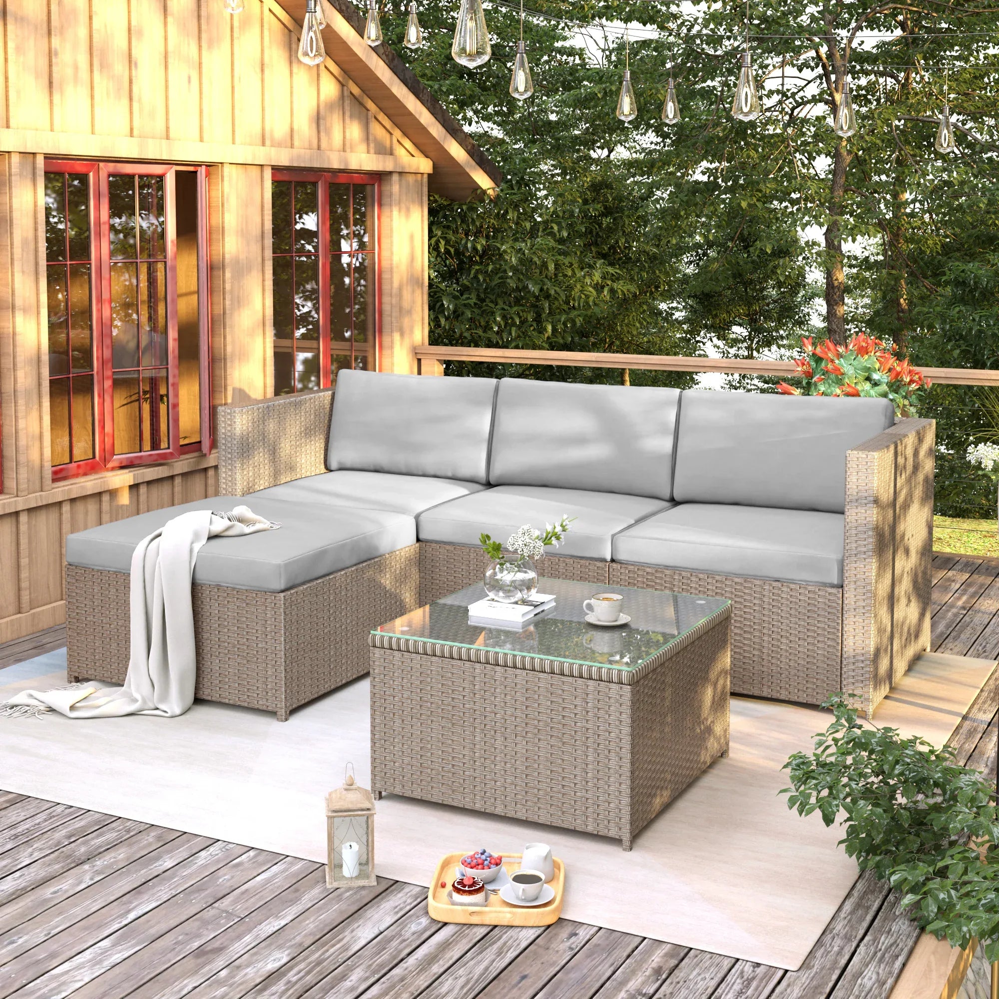 Garden Corner Sofa Rattan Garden Furniture Patio Set Garden Entertaining Set Garden Rattan Furniture Lounge Set,Khaki - Noventis Home