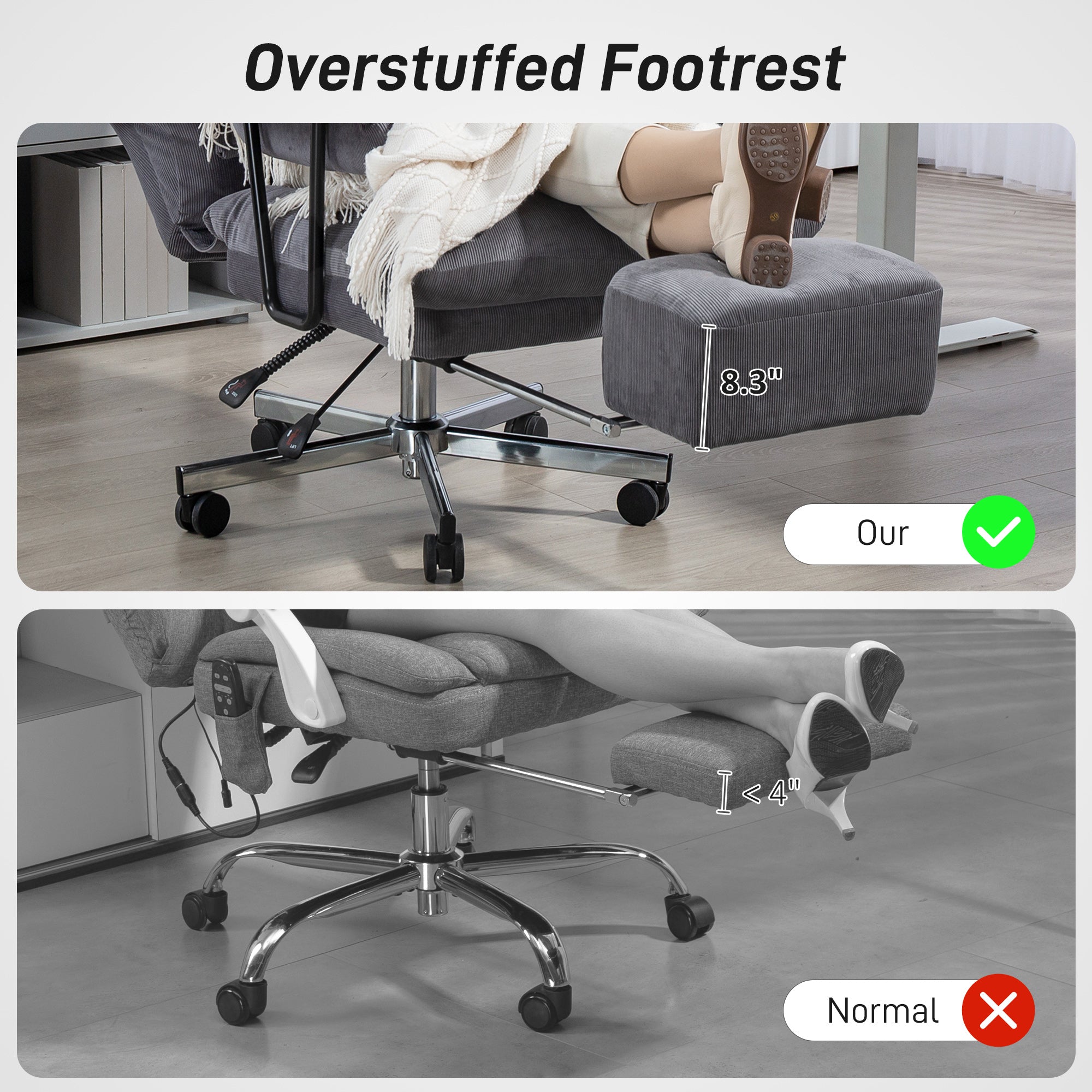 Executive Office Chair with Lumbar Support, Footrest, High Back Reclining Overstuffed Desk Chair with, Gray - Noventis Home