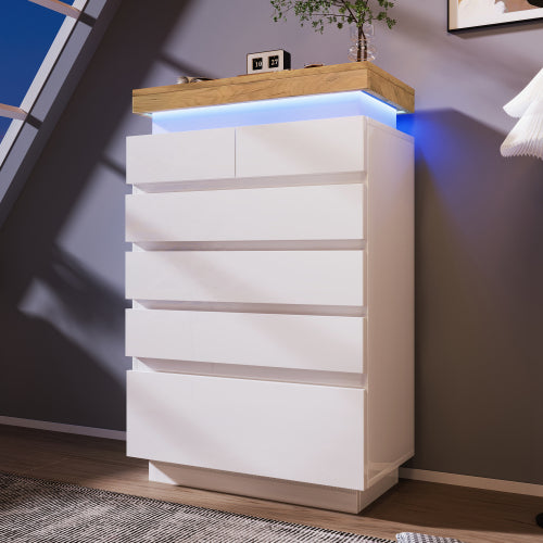 Ladekast, Hoogglans Dressoir met 6 Lades, RGB LED App-gestuurd, Multifunctioneel voor Woonkamer en Slaapkamer, 115x73x39 cm, Wit