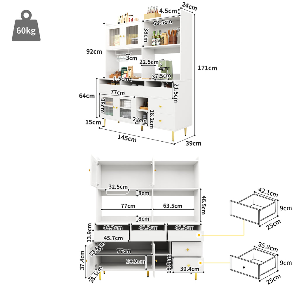Multifunctionele Opbergkast 145x39x171 cm, Modern Design, met Changhong Glazen Deur, Wijnglashouder, Meerdere Opberglagen, Wit met Gouden Decoratie, voor Thuis en Restaurant - Noventis Home