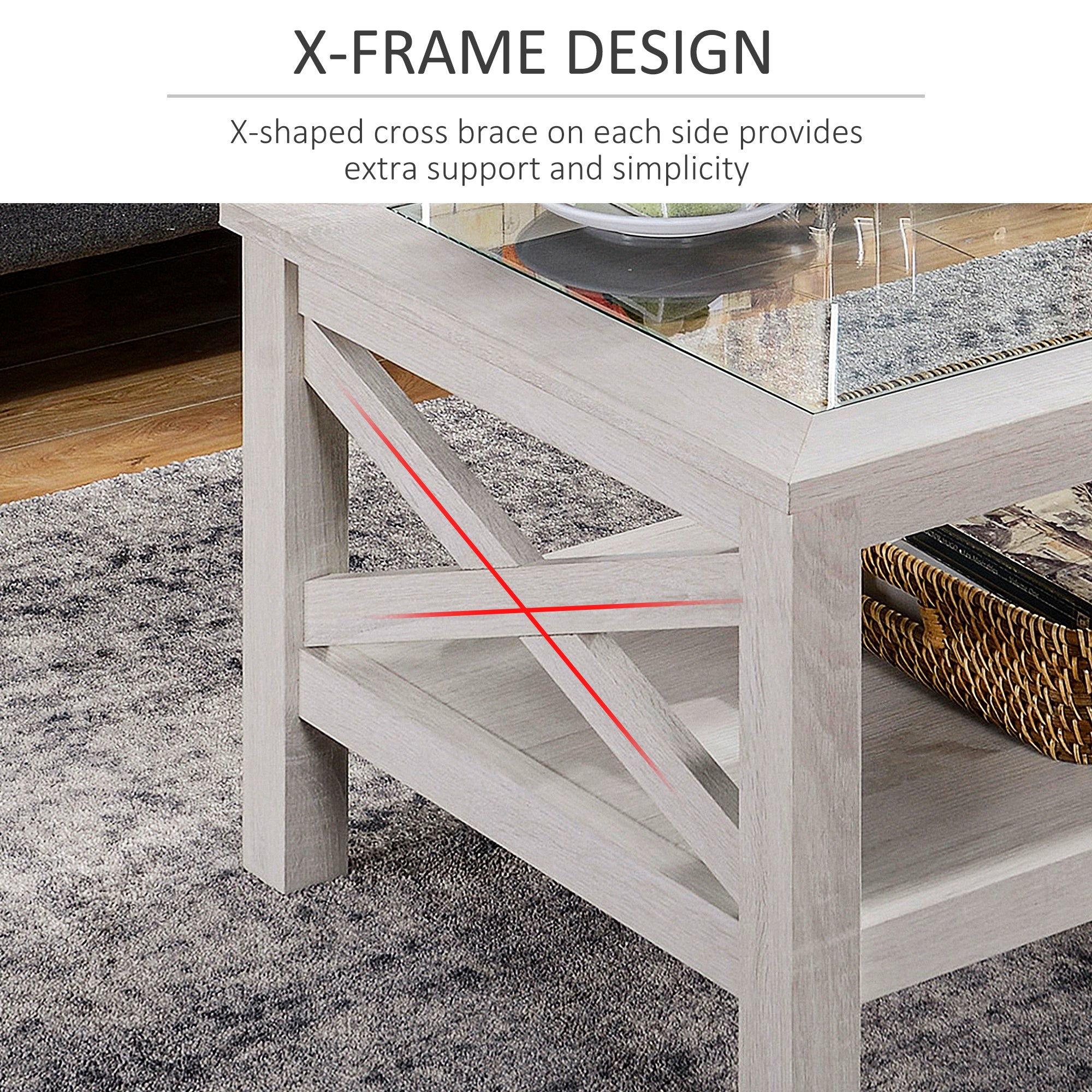 Coffee Table with Tempered Glass Tabletop, Living Room Table with Wood Frame and Underneath Storage Shelf, White Oak - Noventis Home