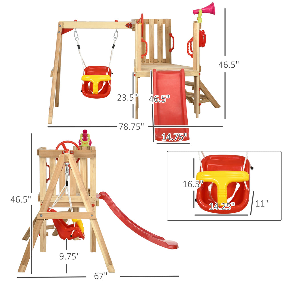 4 - in - 1 Wooden Swing Set with Swing, Slide, Horn, Steering Wheel, Red - Noventis Home