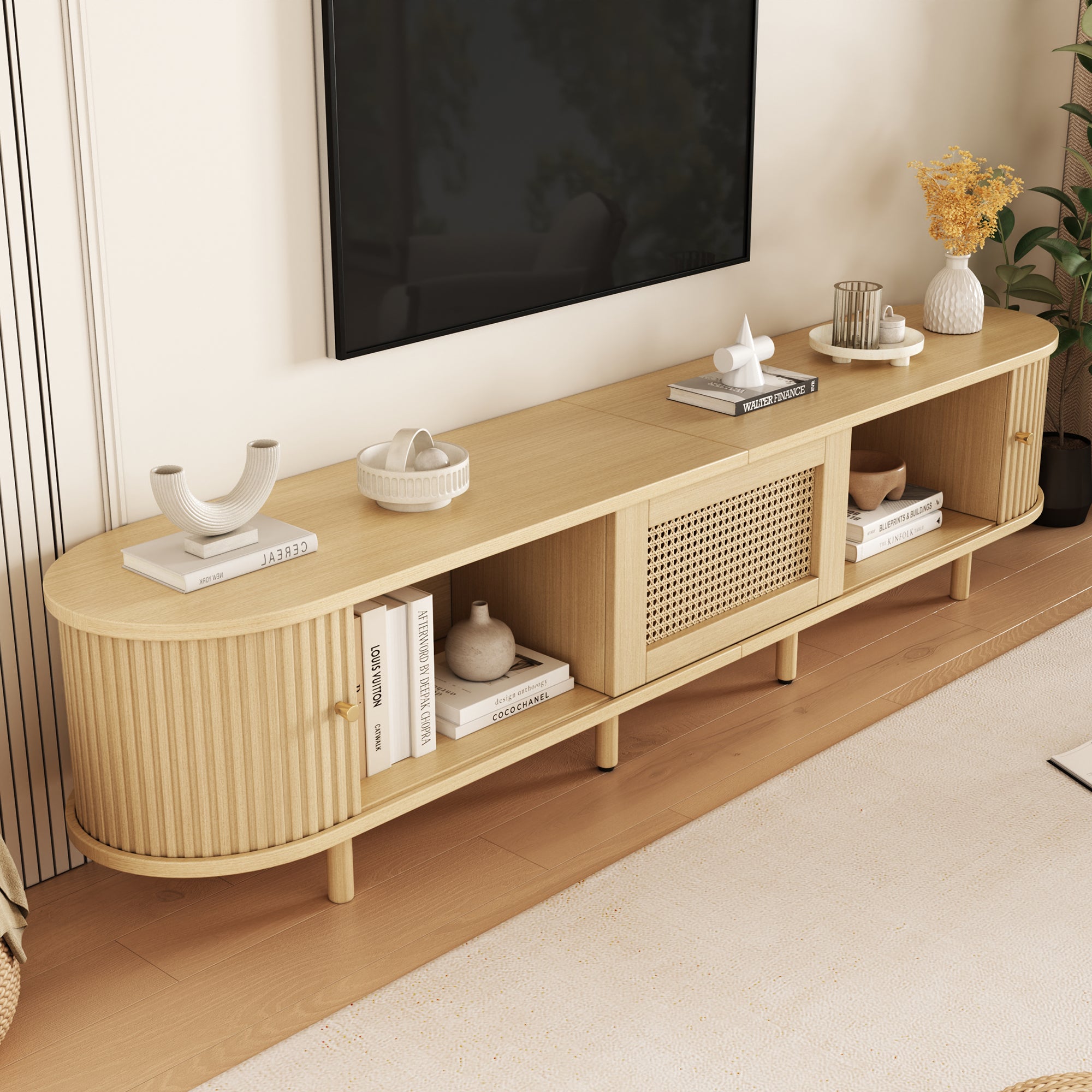 TV-meubel met 1 Rotan Lade en 2 Schuifdeuren, Ovaal TV-kast met Afgeronde Hoeken, 180x40x40 cm, Licht Hout, MDF, Geschikt voor 70 inch TV