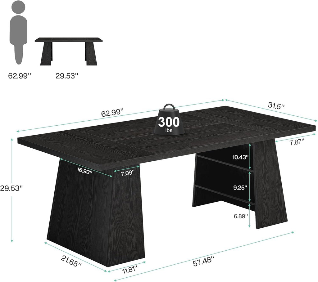 Directiebureau 160cm, Modern Groot Kantoorbureau met Dubbele Sokkel en Opbergplanken, Zwart