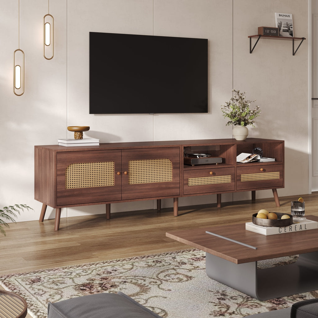TV Stand Cabient With 2 Drawers, 2 Doors, Rattan Design, TV Cabinet Sideboard, TV Entertainment Center For Livingroom Bedroom, TV Console, 200x37x49.5cm, Dark Wood, For Up To 90 Inch TV - Noventis Home