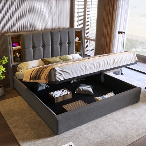 Upholstered Double Bed 150 X 200cm With Wireless Charging USB Tyep - C, Hydraulic Storage Bed With Hydraulic Lever, Linen Fabric 5FT King Size Bed Frame With Large Storage Space,Grey No Mattress - Noventis Home