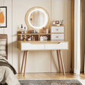 Make - up Kaptafel met 3 - delige Verstelbare Verlichte Spiegel, 4 Lades en 3 Open Planken, Massief Houten Poten, voor Kleine Slaapkamer - Noventis Home
