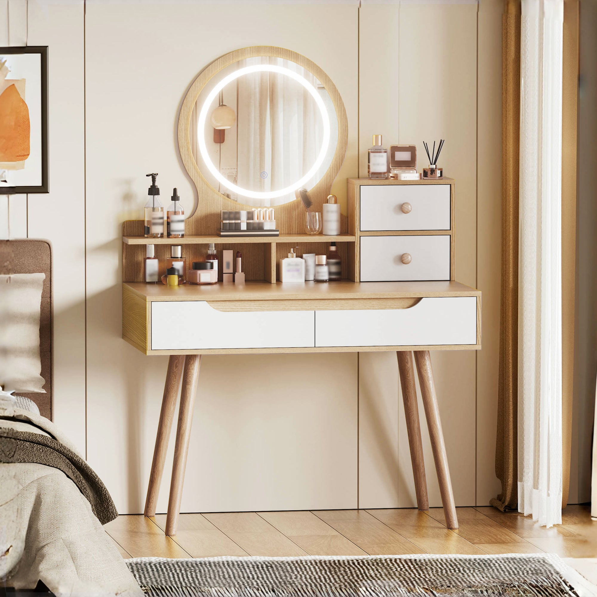 Make - up Kaptafel met 3 - delige Verstelbare Verlichte Spiegel, 4 Lades en 3 Open Planken, Massief Houten Poten, voor Kleine Slaapkamer - Noventis Home