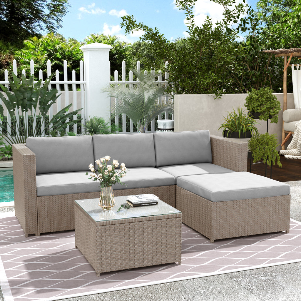 Garden Corner Sofa Rattan Garden Furniture Patio Set Garden Entertaining Set Garden Rattan Furniture Lounge Set,Khaki - Noventis Home