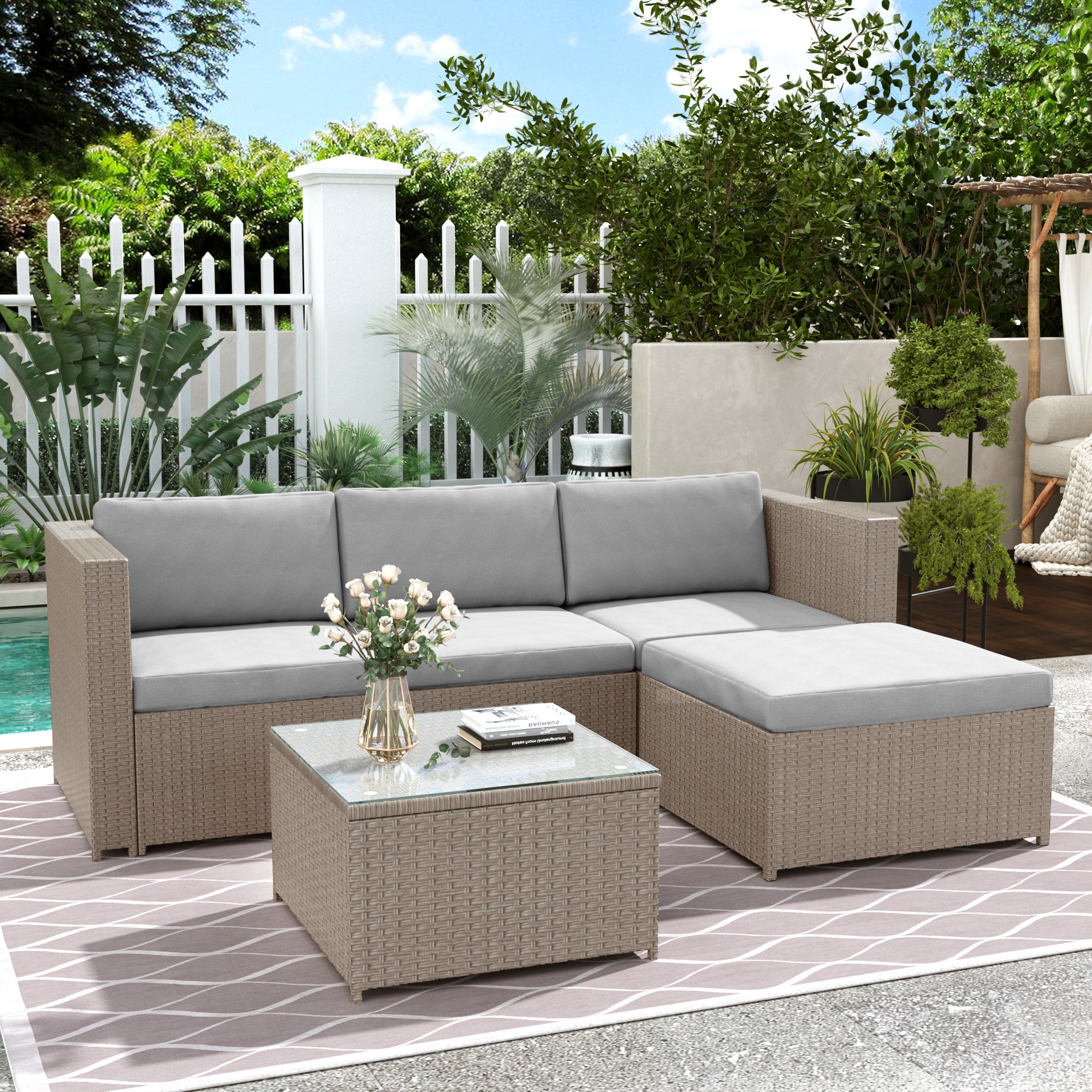Garden Corner Sofa Rattan Garden Furniture Patio Set Garden Entertaining Set Garden Rattan Furniture Lounge Set,Khaki - Noventis Home
