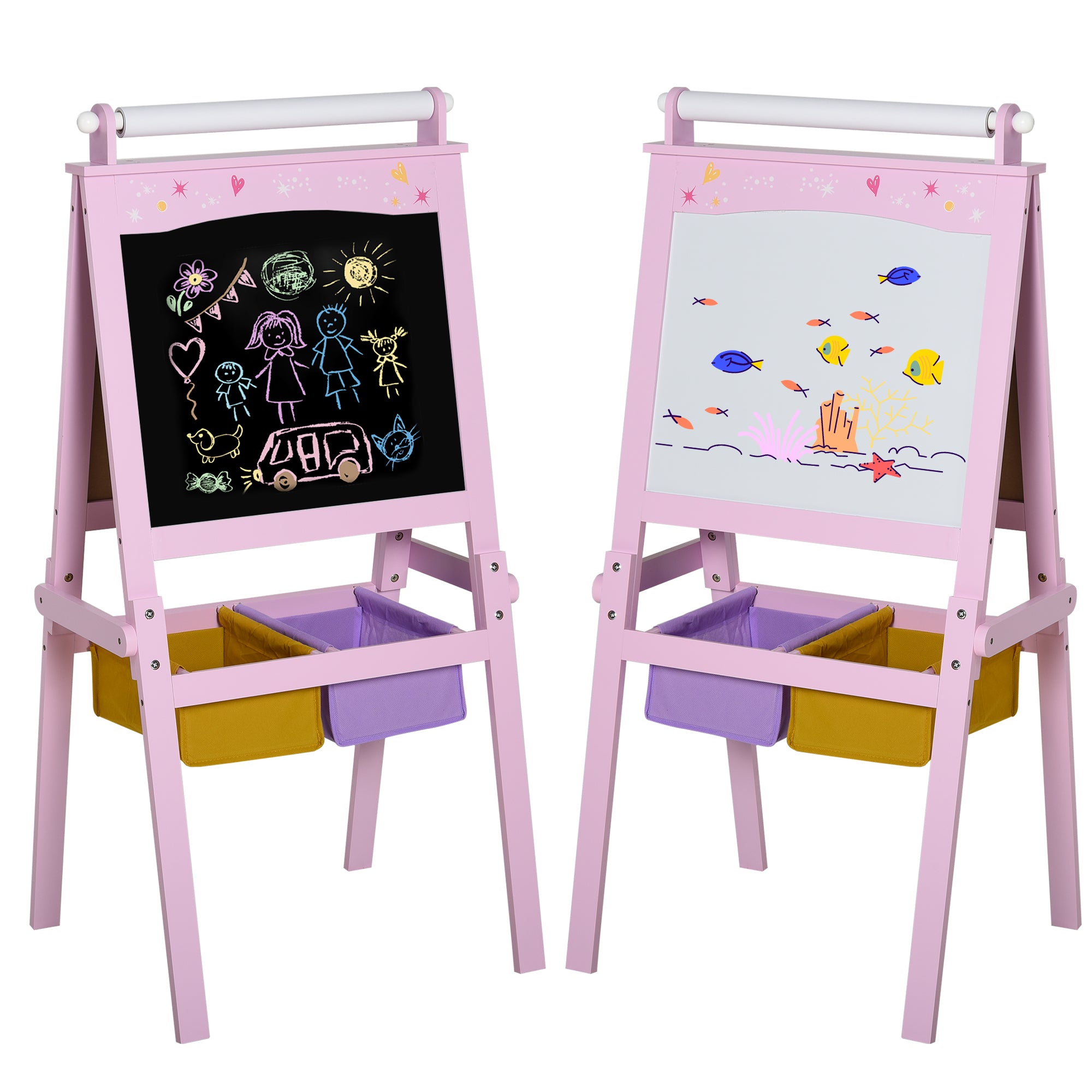 Kinder Schildersezel 3-in-1, Houten Tekenbord met Krijtbord, Whiteboard en Papierrol, Opbergmandjes, Roze