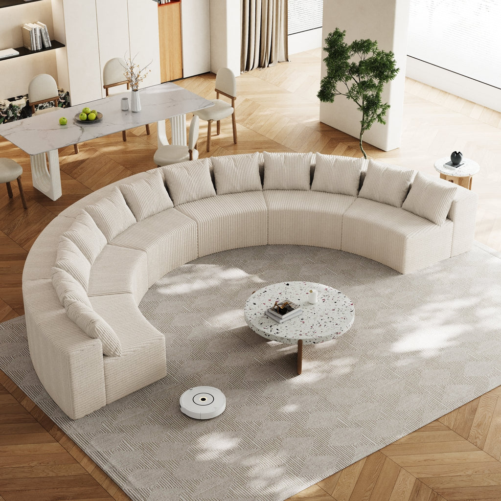 Corduroy Gebogen Modulaire Schuimbank met 12 Kussens, Halfronde Symmetrische Hoekbank voor Woonkamer en Slaapkamer, 6 Modules, Beige - Noventis Home