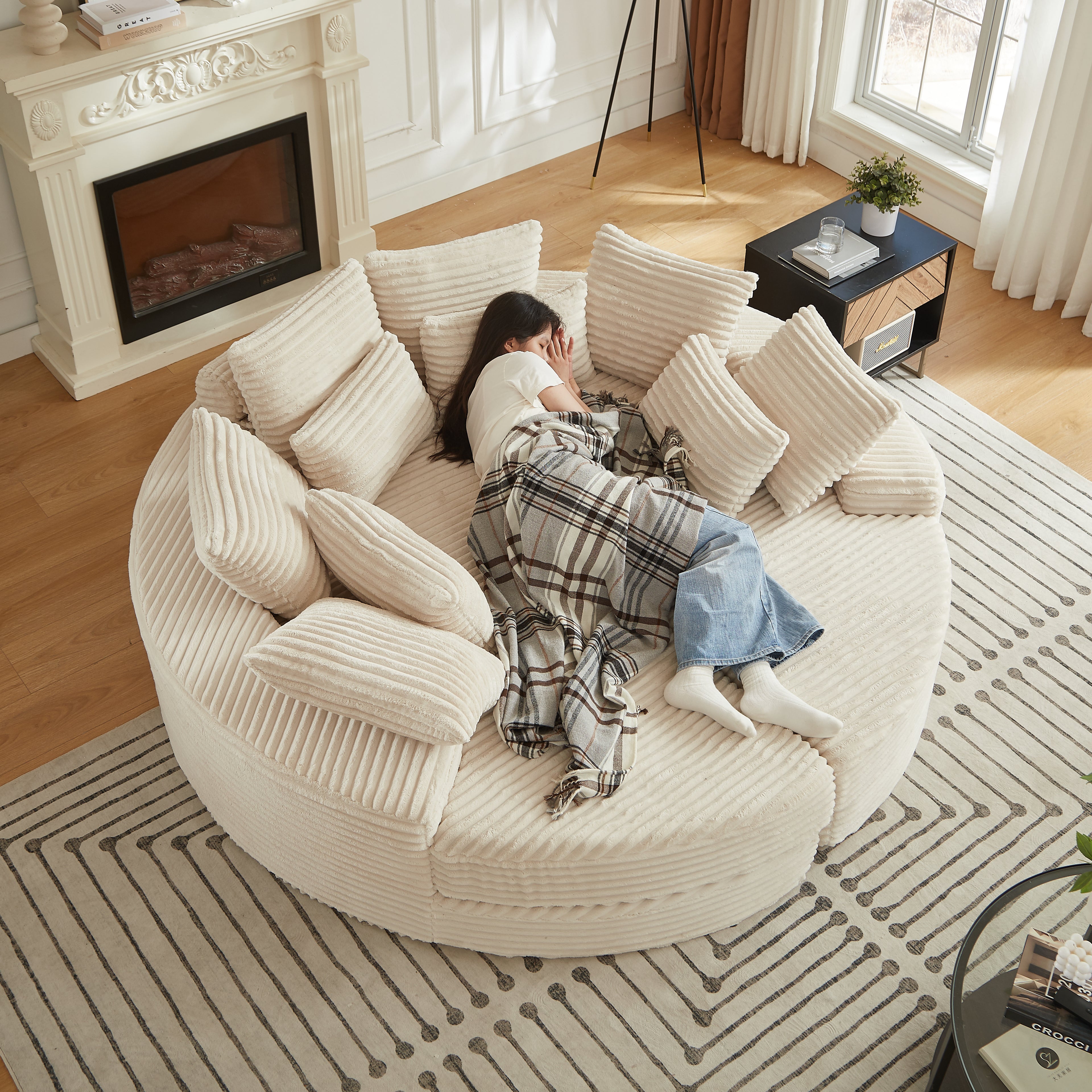Ronde Corduroy Oversized Ligstoel 200 cm, Converteerbaar naar Twee Ligstoelen, 2-in-1 Slaapbank, Nekkussenontwerp met 5 Sierkussens