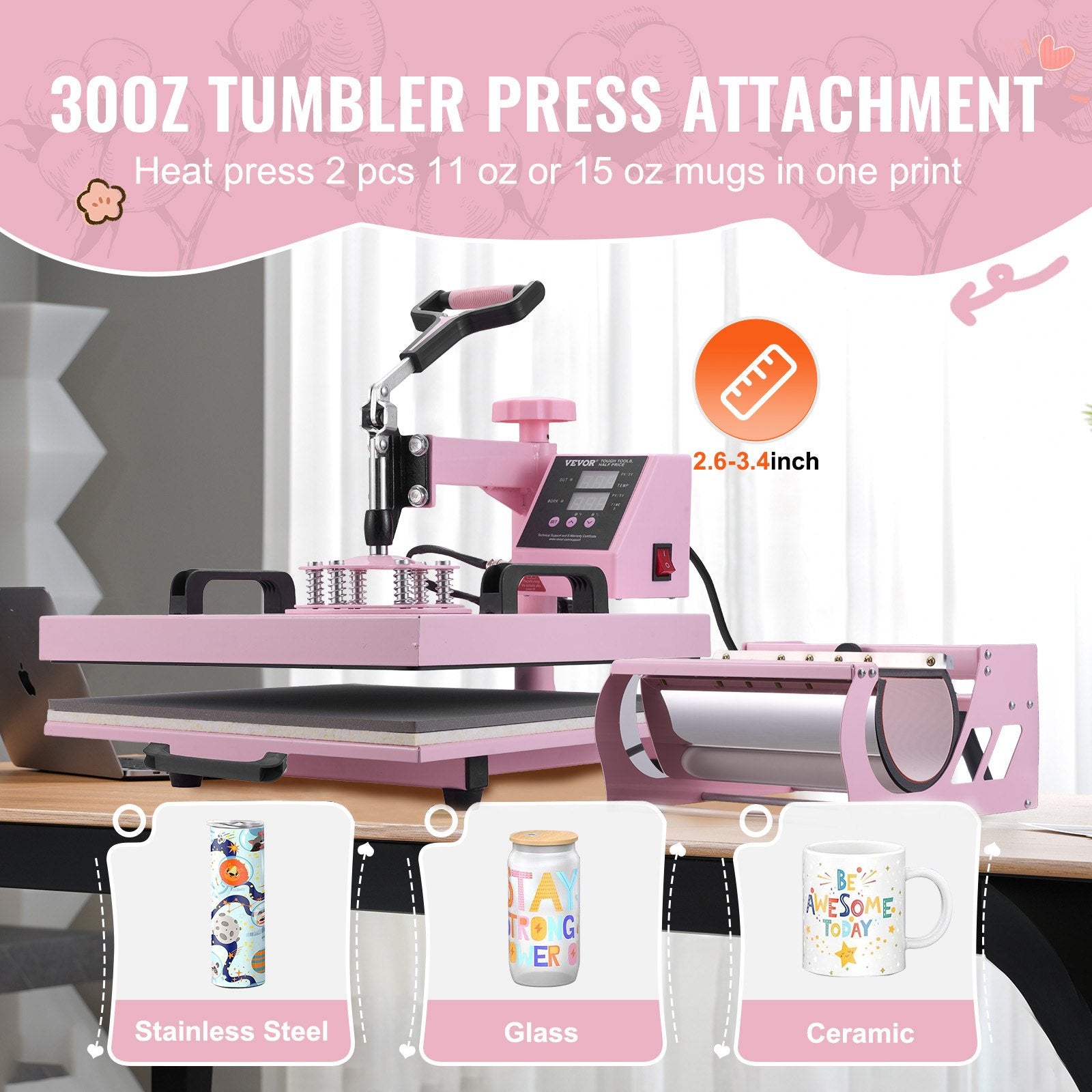 Heat Press Machine, 15 X 15 Inch, 8 In 1 Heat Transfer Machine With 6 - 30 Oz Tumbler Press, 360° Swing Away T-Shirt Pressing, Digital Precise Control, For T-Shirts/Mugs/Hats/Plates, Pink - Noventis Home