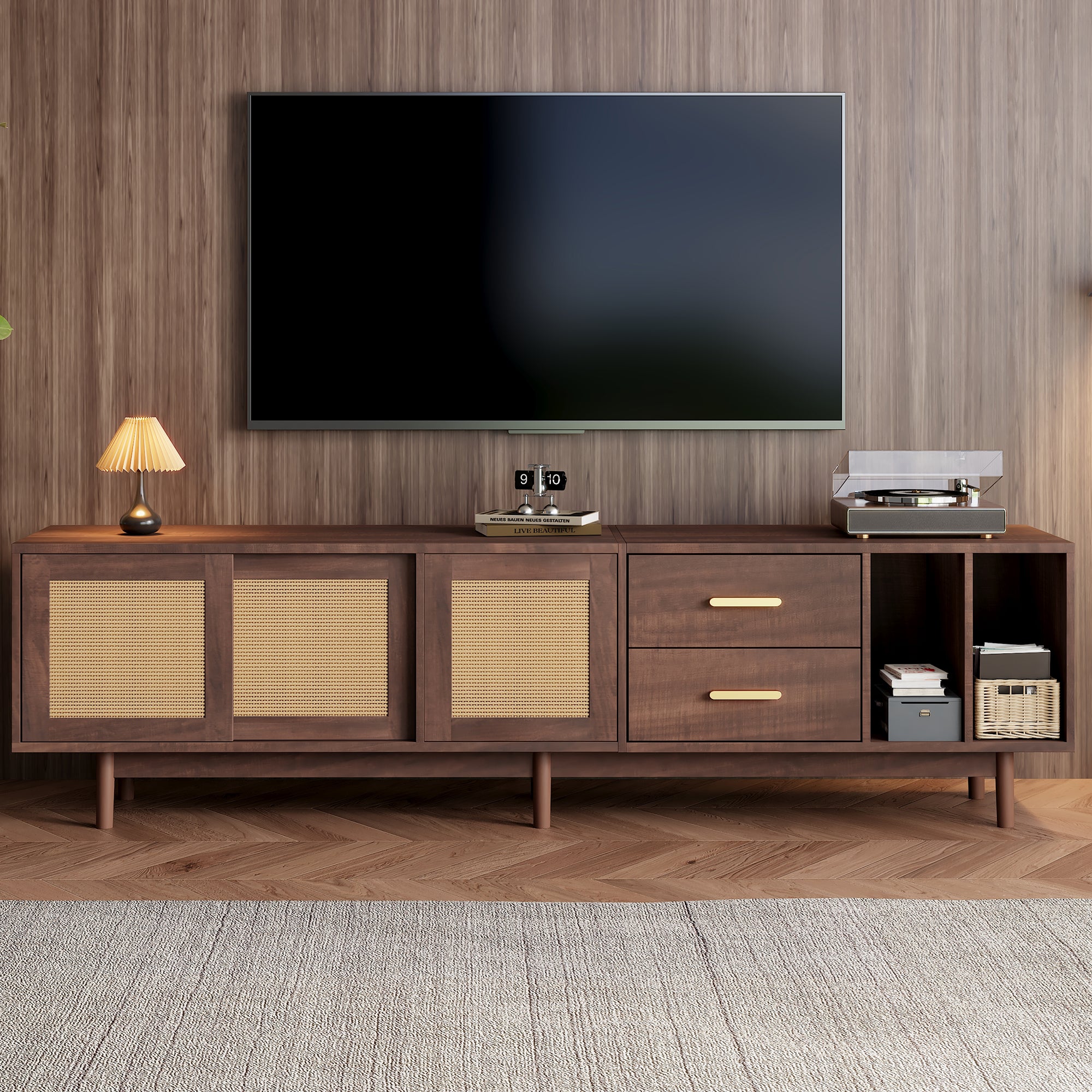 TV Stand Cabient With 2 Drawers, Sliding Doors With Rattan Design, TV Cabinet Sideboard, TV Entertainment Center For Livingroom Bedroom, TV Console, 190x40x52cm, Dark Wood, For Up To 80 Inch TV - Noventis Home