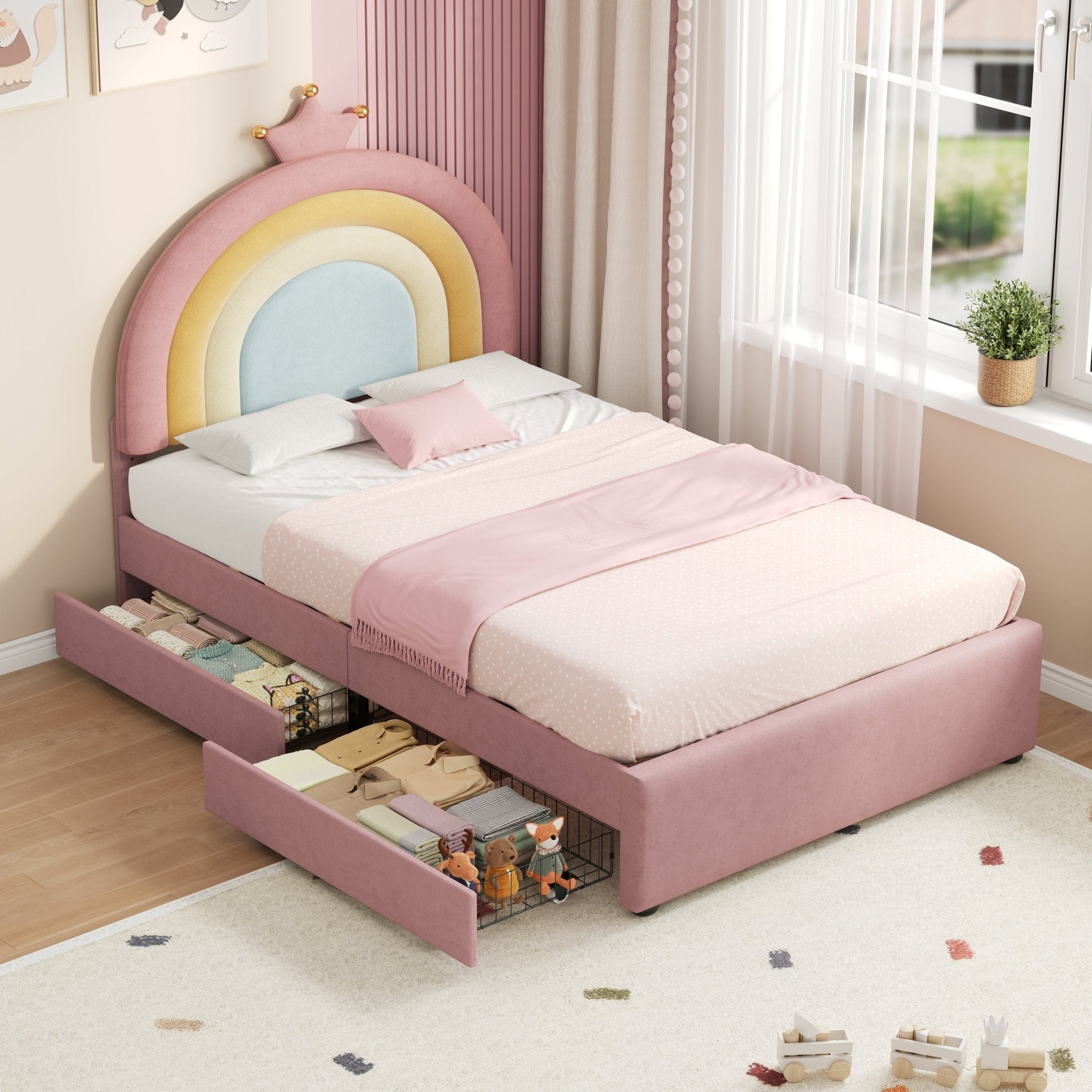 Eenpersoons Gestoffeerd Bed met Verstelbaar Regenboog Kroon Hoofdeinde, Zacht Fluwelen Bedframe met Opbergladen, Geen Bedbodem Nodig, Geen Matras - Noventis Home