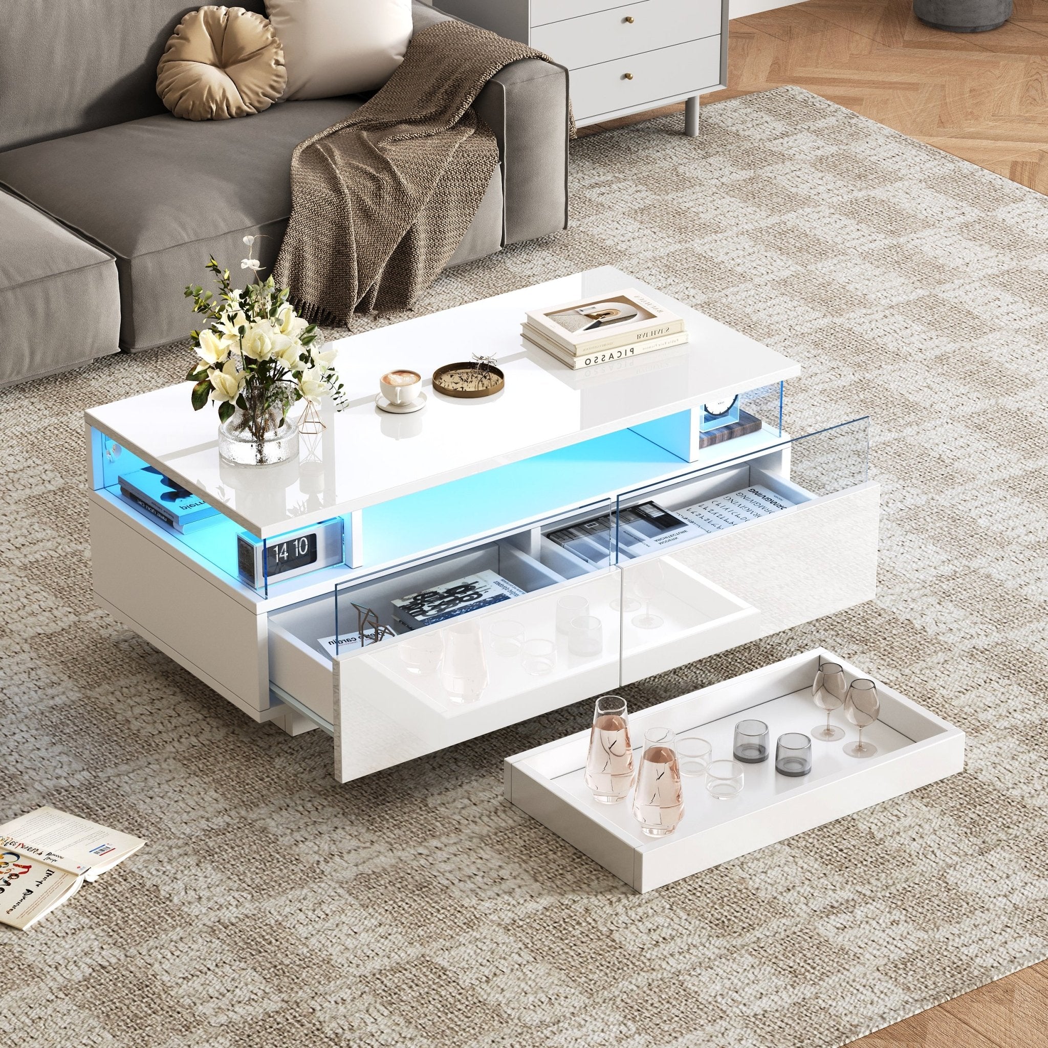Hoogglans Salontafel met 2 Lades, LED - verlichting en Uitschuifbaar Dienblad, 90x45x35,5cm, Wit - Noventis Home