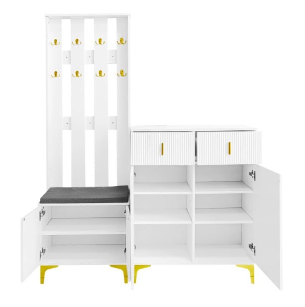 Wardrobe Set With Shoe Bench And Cushion, Wardrobe Front With Hooks, Shoe Cabinet With Drawers And Doors - Noventis Home