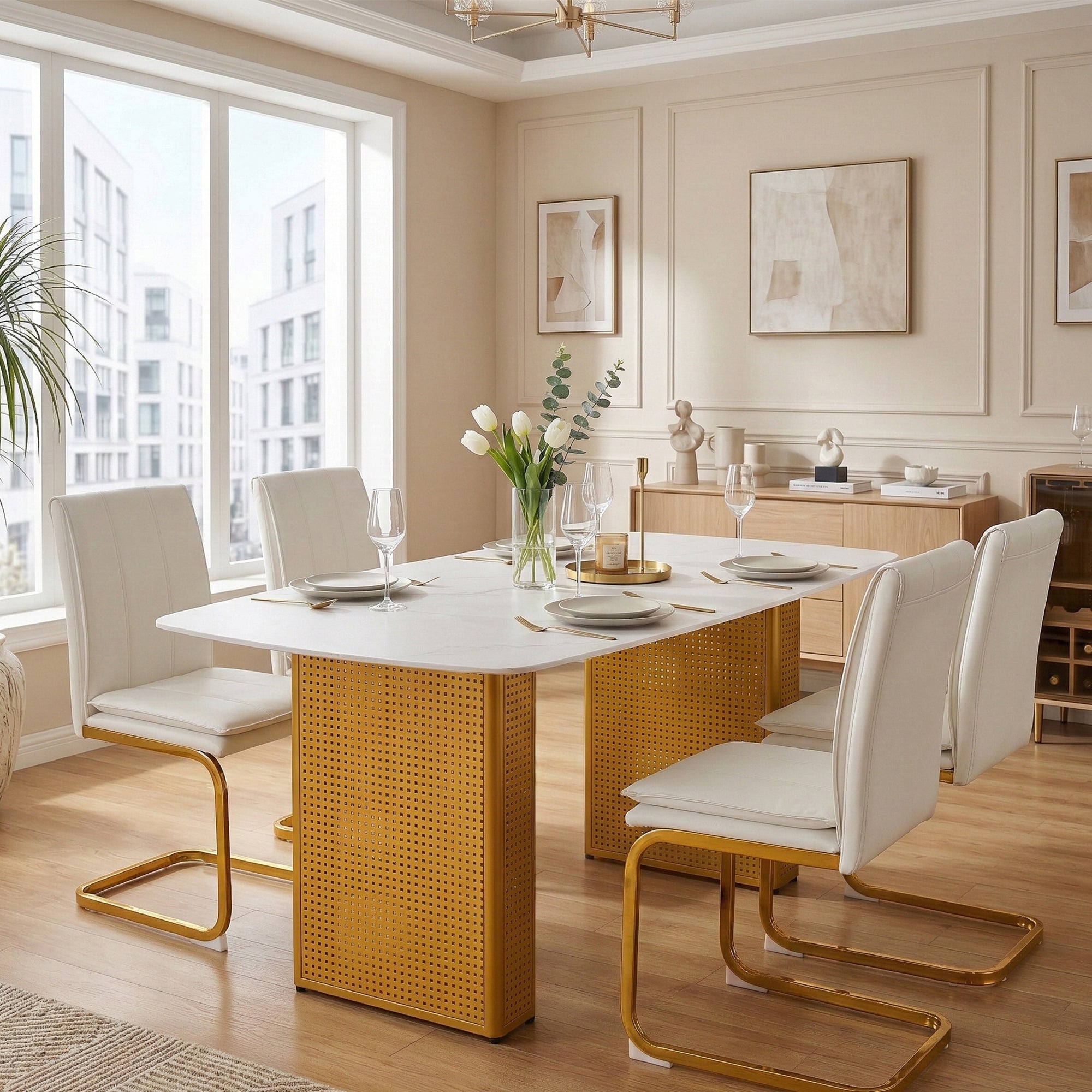 Moderne Rechthoekige Glazen Eettafel met Marmerlook en Gouden Dubbele Metalen Poot, voor Eetkamer & Thuiskantoor