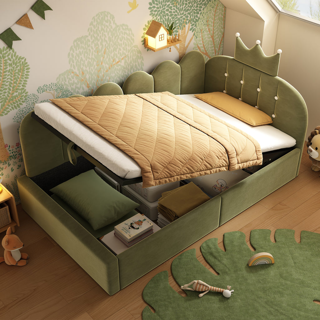 Gestoffeerd Dagbed met Hydraulische Opbergruimte, Eenpersoons Slaapbank 90 x 190 cm, Kroonvormig Bed voor Volwassenen & Kinderen, Fluweel, Groen (Zonder Matras) - Noventis Home