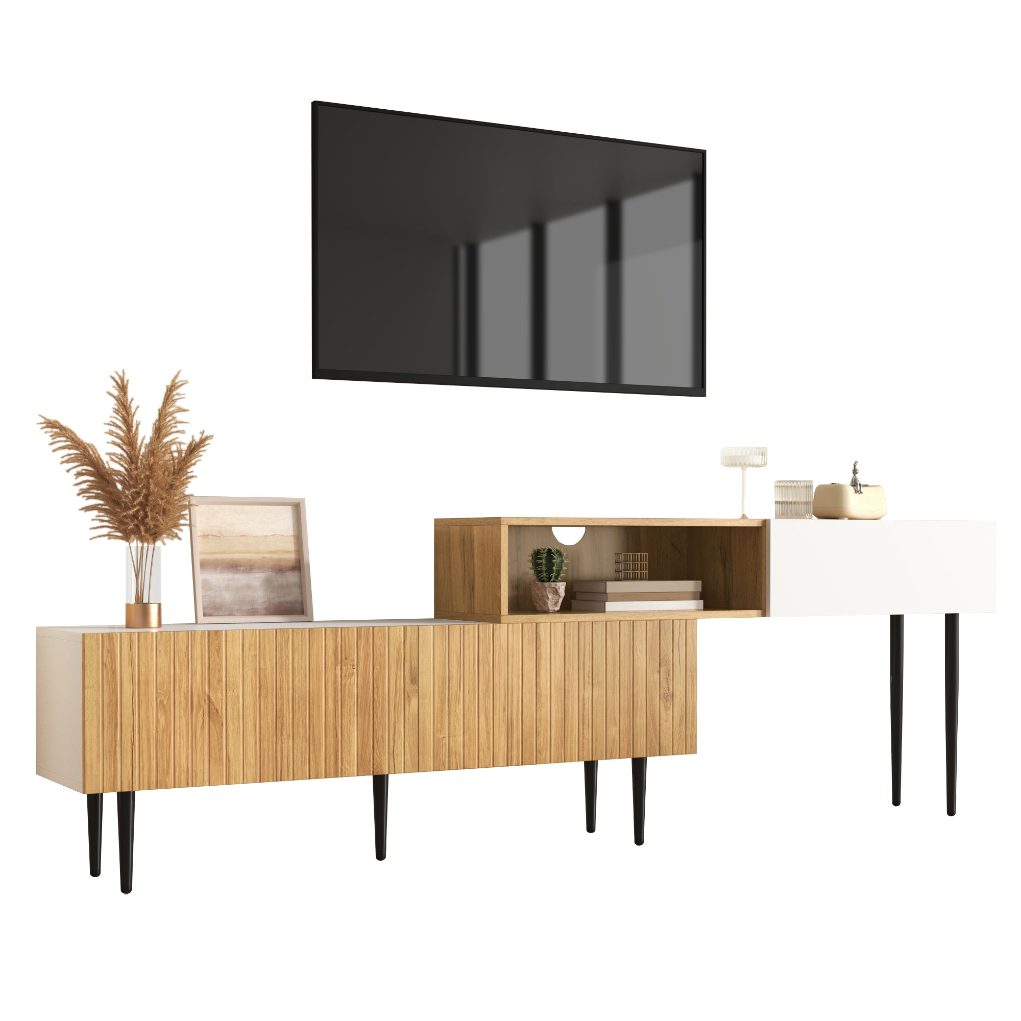 Modern TV - meubel met Verstelbare Lengte, Modulair 2 - delig Design, Houtlook Matwit, Zwarte Metalen Poten - Noventis Home