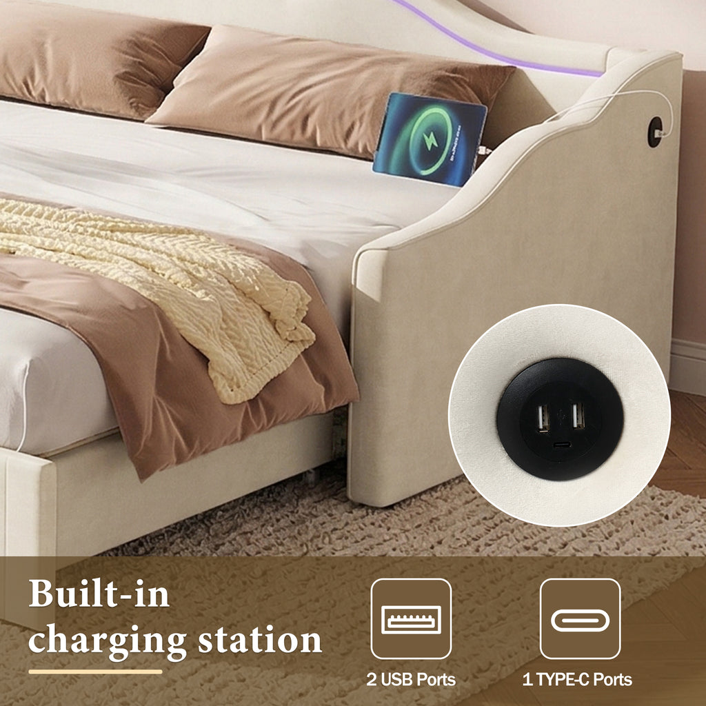 Upholstered Daybed, Sofa Bed, 90x190 Cm, Extendable To 180 Cm, With LED Lighting And USB Port, Beige Velvet - Noventis Home