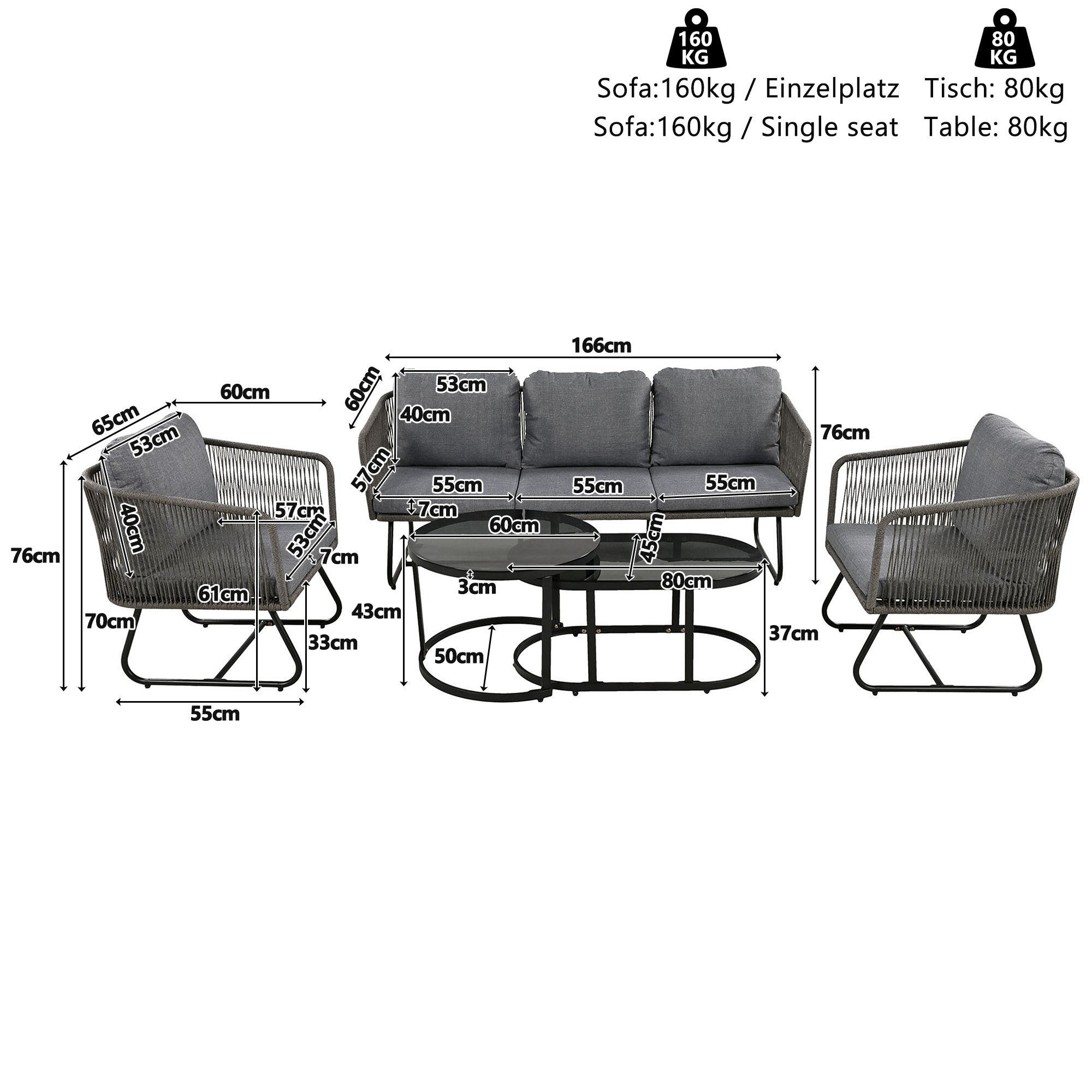 Buiten Patio & Tuin Loungeset, Dikke Ruimtebesparende Banken met Glazen Salontafel, Grijs - Noventis Home