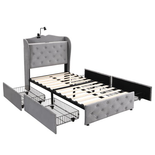 Upholstered Bed, Storage Bed, 3FT Single Bed 90x190cm, With 4 Drawers And Lamp, 3 USB Port 1 Type C, Durable And Sturdy, Youth Bed, For Adults Teenagers, Velvet, Grey - Noventis Home