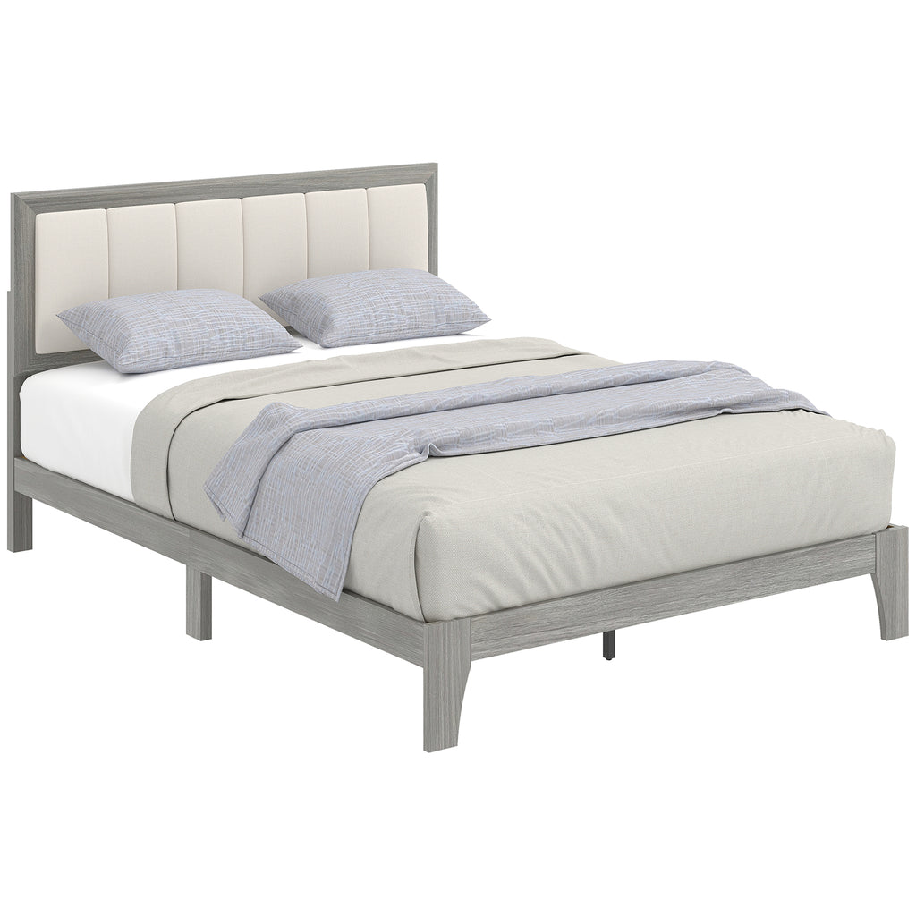 Tweepersoons Platform Bedframe met Gestoffeerd Hoofdeinde en Houten Latten, Geen Boxspring Nodig, Grijs - Noventis Home