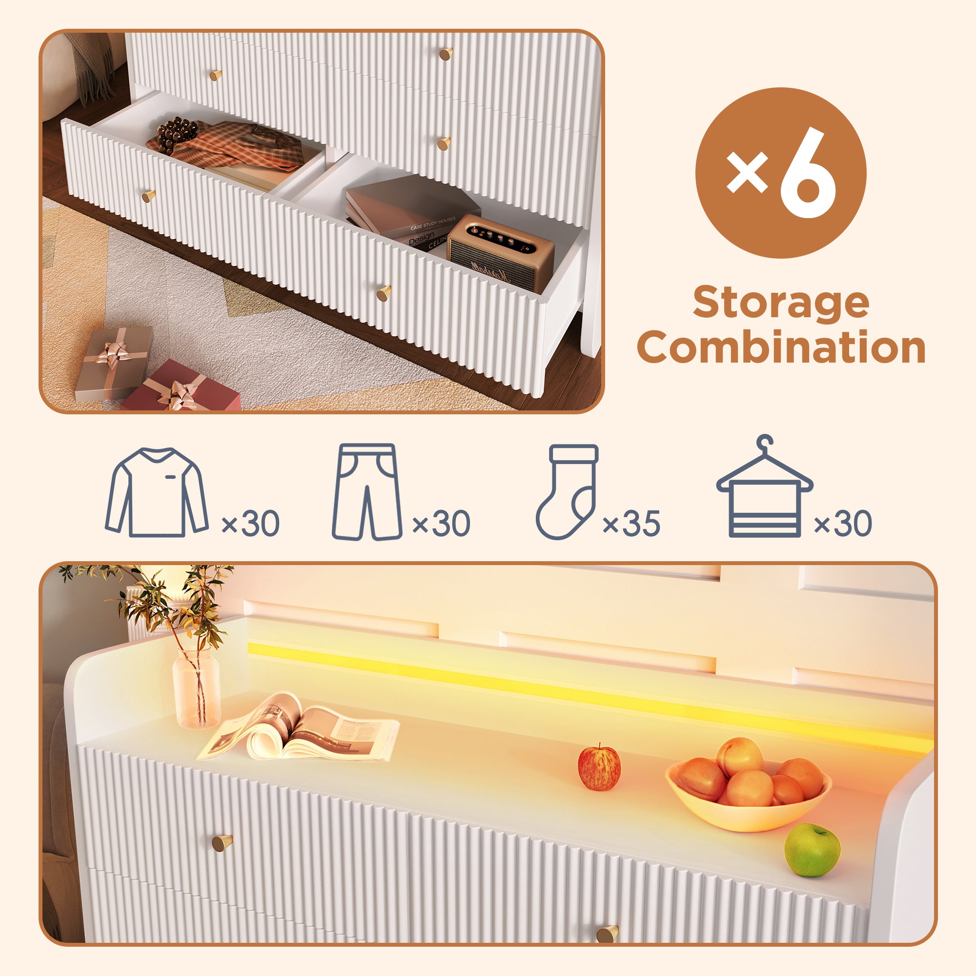 Fluted 6 - Drawer Sideboard, Modern Storage Cabinet With RGB LED Lighting & Shelves,, Chest Of Drawers For Living Room Bedroom Dining Room Office, 75x 120 X 40 Cm, White - Noventis Home