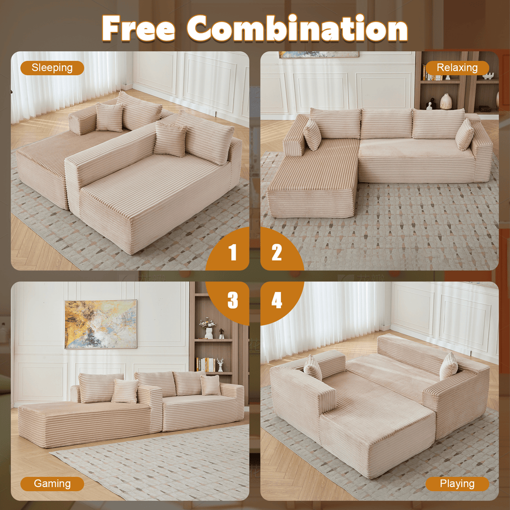 Compression Sectional Couch With Comfy Chaise, Boneless L Shape Sofa With Deep Seat, Minimalist Modular Couches Sleeper For Living Room Bedroom Apartment Lounge,corduroy,Beige - Noventis Home
