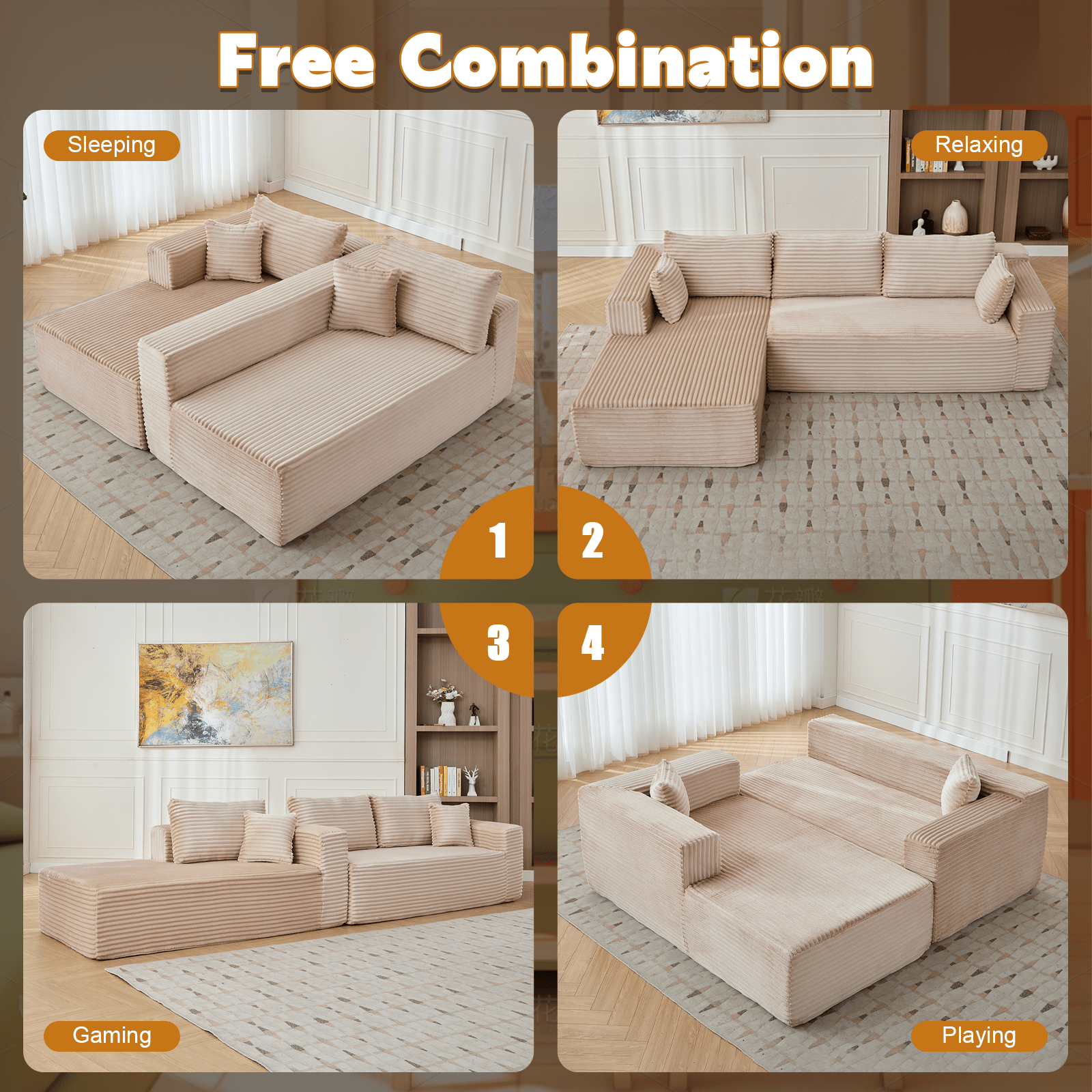 Compression Sectional Couch With Comfy Chaise, Boneless L Shape Sofa With Deep Seat, Minimalist Modular Couches Sleeper For Living Room Bedroom Apartment Lounge,corduroy,Beige - Noventis Home