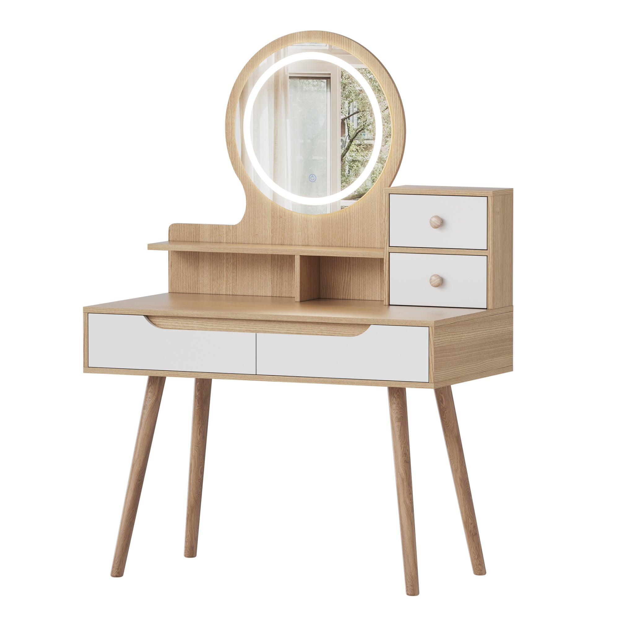 Make - up Kaptafel met 3 - delige Verstelbare Verlichte Spiegel, 4 Lades en 3 Open Planken, Massief Houten Poten, voor Kleine Slaapkamer - Noventis Home