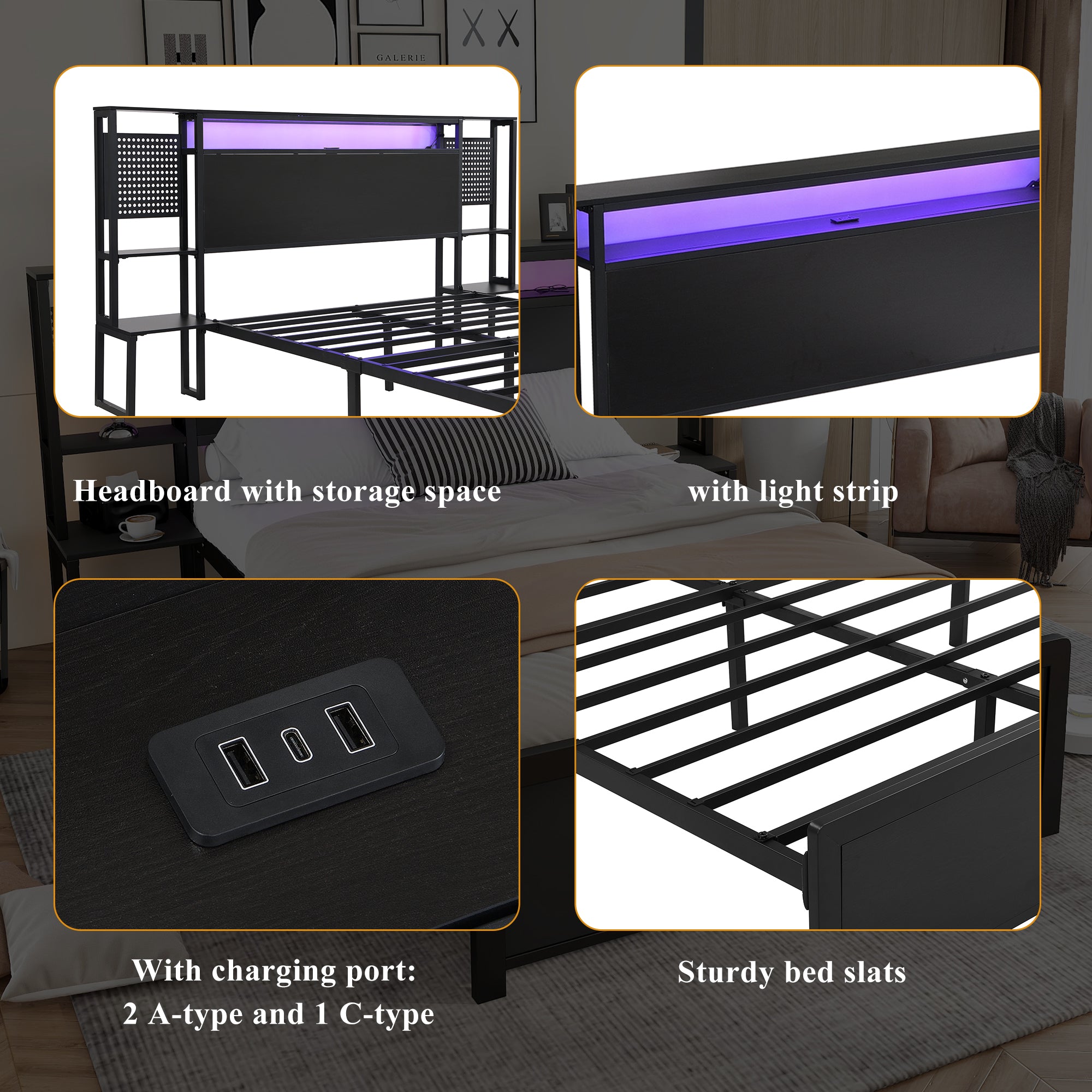 Metal Bed, Iron Bed, 4ft6 Double Bed 135x190cm, With Multi - color LED Strip Lights And Charging Port 2 A - type And 1 C - type, One - piece Bedside Table, Black - Noventis Home