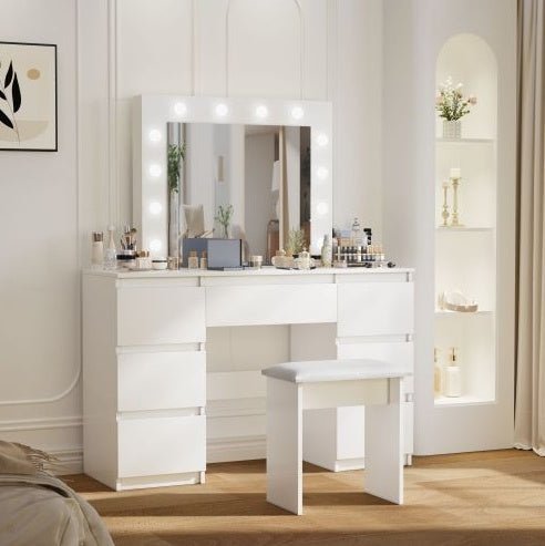 Large White Vanity Tables With Mirror And Light - Noventis Home