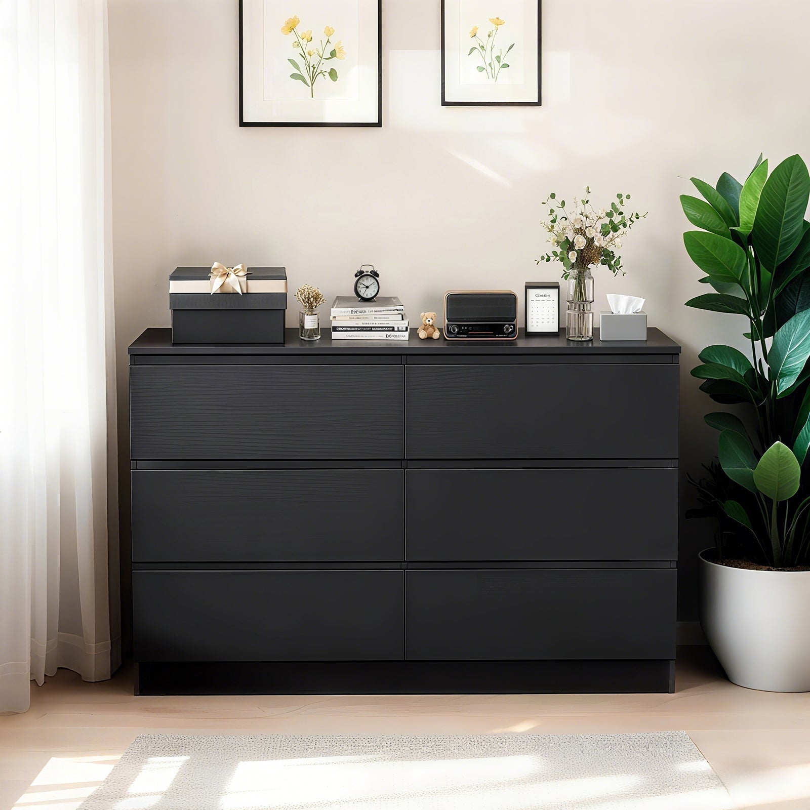 6 Drawer Black Dresser, Modern Bedroom Dresser With Spacious Countertop, Wood Storage Cabinet With Concealed Handles & 6 Deep Drawers For Bedroom, Living Room, Entryway, 15.7 D X 47.2W X 30.9 H - Noventis Home