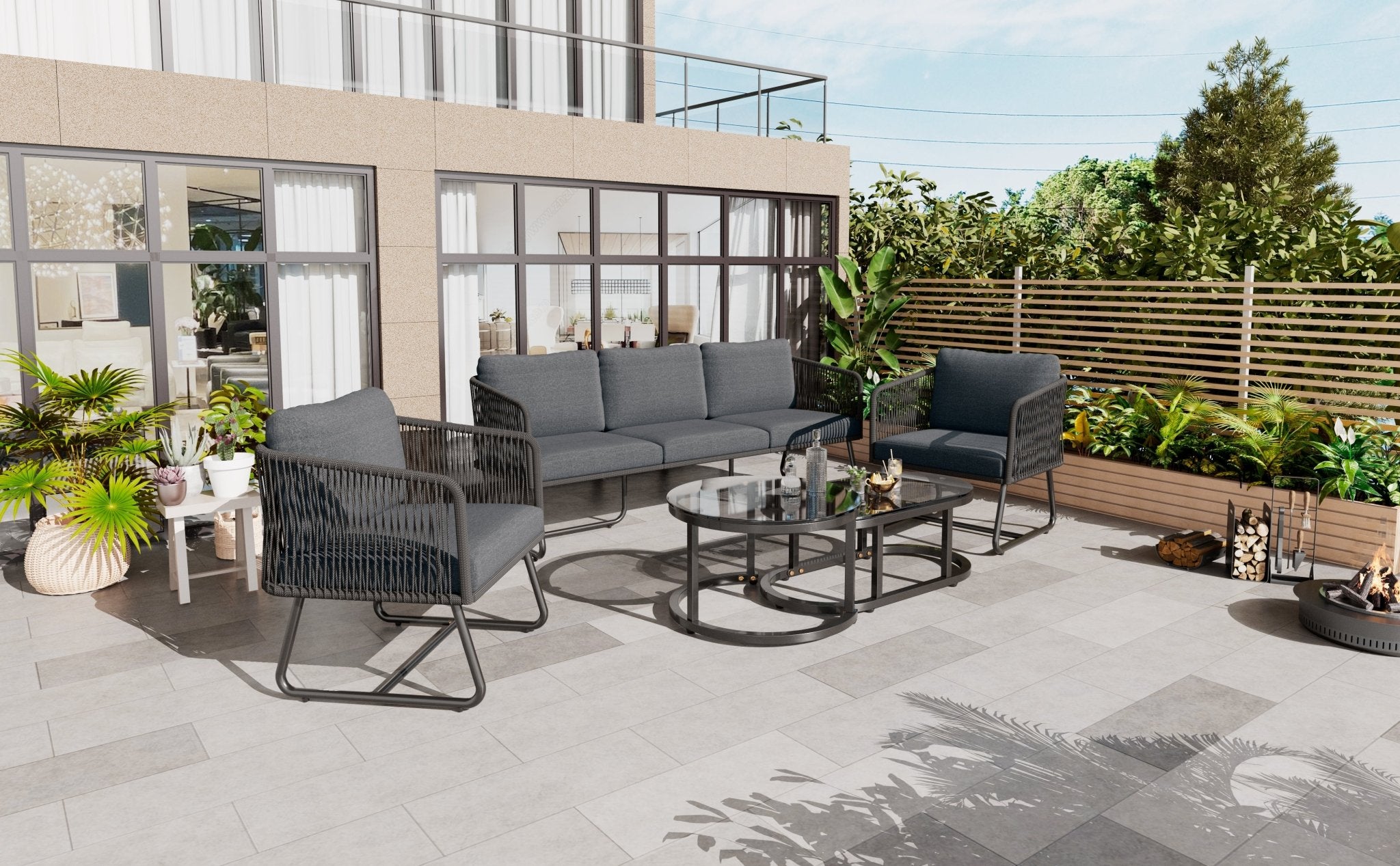Buiten Patio & Tuin Loungeset, Dikke Ruimtebesparende Banken met Glazen Salontafel, Grijs - Noventis Home