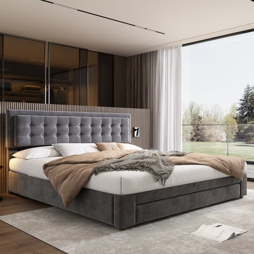Gestoffeerd Super Kingsize Bed 180x200 cm, Fluweel, Grote Opbergruimte, Met Lattenbodem en Hoofdeinde, Zonder Matras, Grijs - Noventis Home