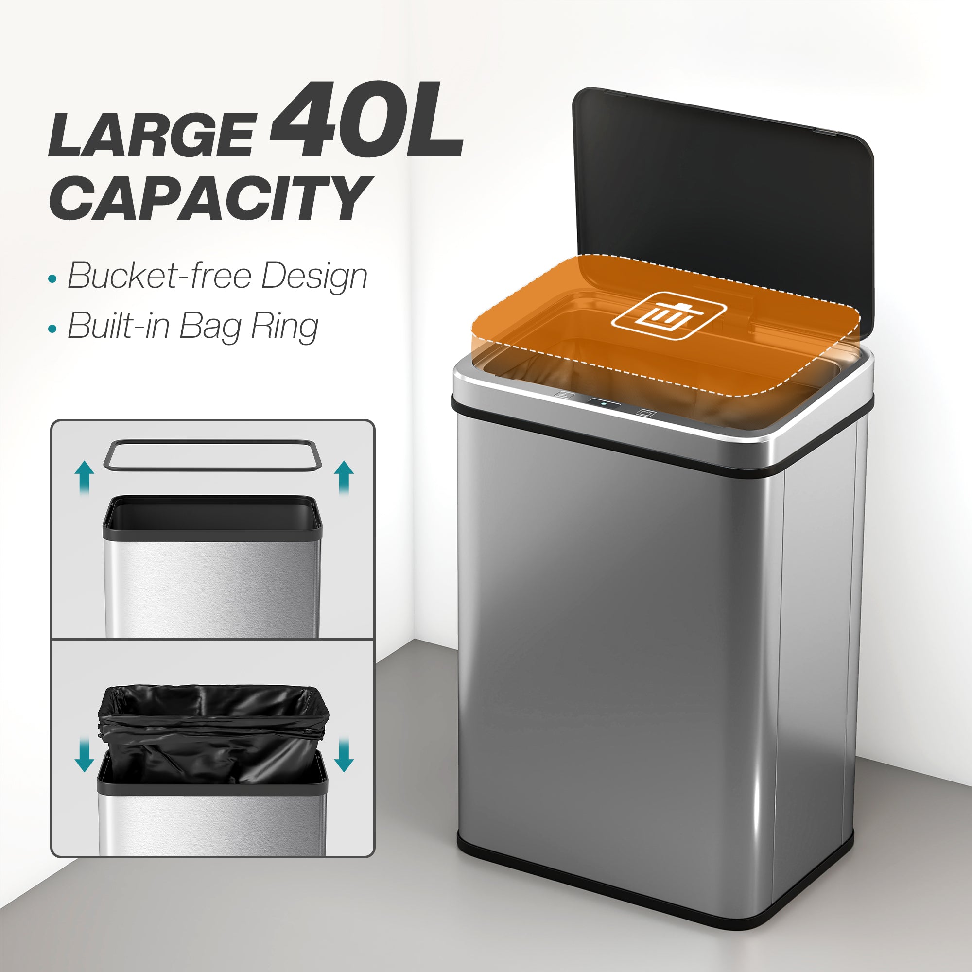 40L Sensor Prullenbak met Soft - Close Deksel, Automatische Bewegingssensor, Vingerafdrukbestendig RVS, Zilver - Noventis Home